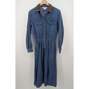 Talbots Women’s Petite 8 Denim Shirt Dress 100% Cotton Suede Collar Button Front